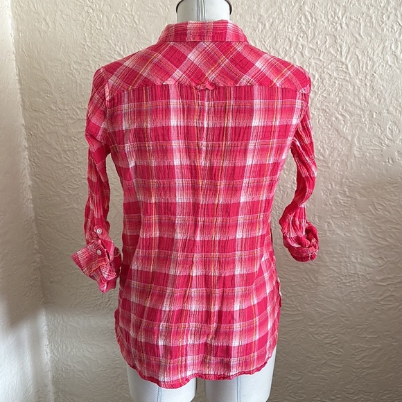 C&C California Pink Plaid Lightweight Woven Crinkle Button Up Shirt Small - Picture 6 of 9